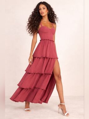 NWT Lulus Sophisticated Occasion Rusty Rose Bustier Lace-Up Maxi Dress Formal M